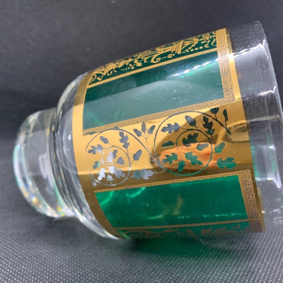 8 mid century low ball green and gold glasses with wooden glass caddy - Picture 5 of 13